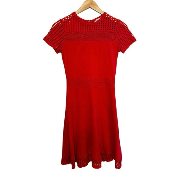Michael Kors Short Sleeve Mesh Panel Fit and Flare Mini Dress Red Evening Party - Picture 2 of 11